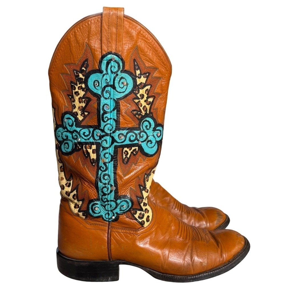 Vtg Upcycled Painted Panhandle Slim Western Cross Boho Coastal Cowgirl Boot Rare